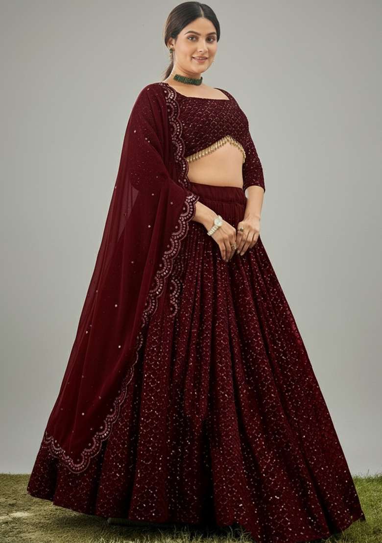 Maroon Embroidered Georgette Lehenga set - Indya