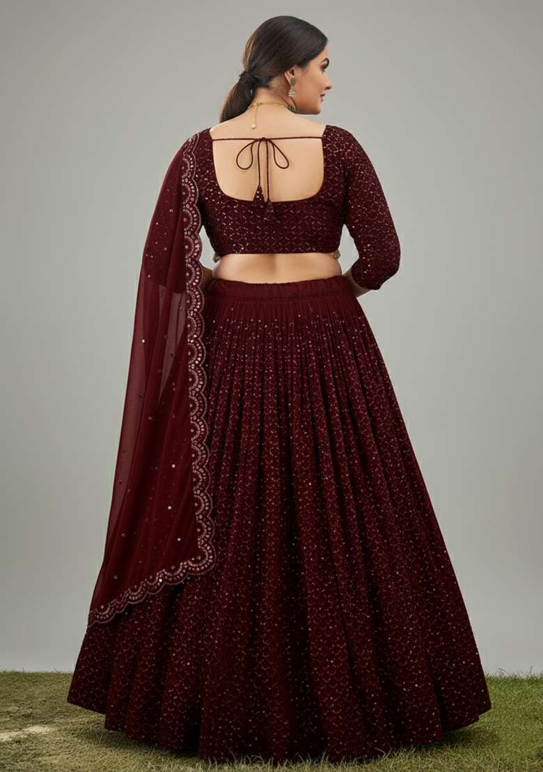Maroon Embroidered Georgette Lehenga set - Indya