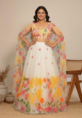 Off White Printed Silk Lehenga Set