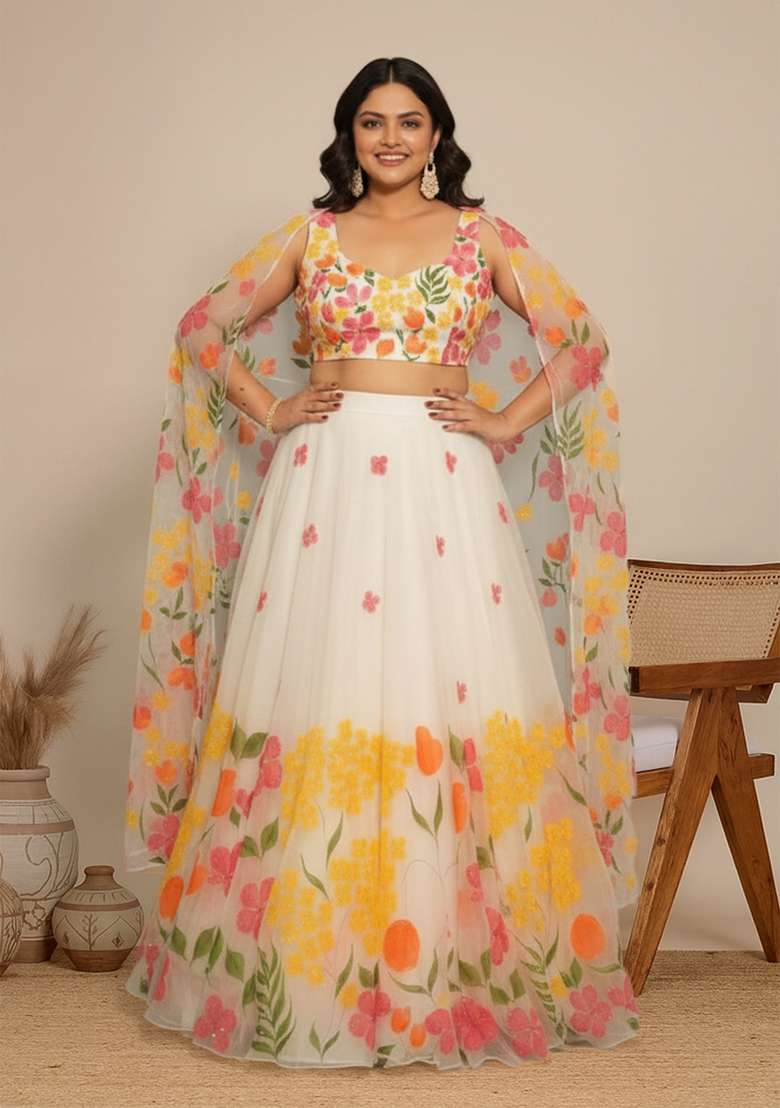 Off White Printed Silk Blend Lehenga Set - Indya