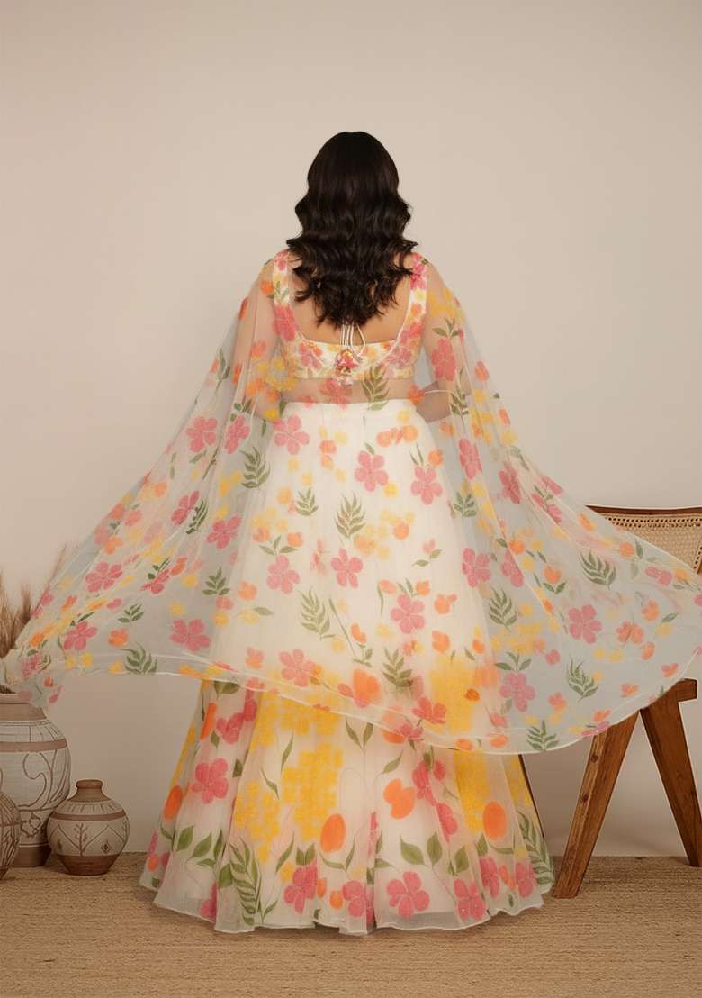 Off White Printed Silk Blend Lehenga Set - Indya