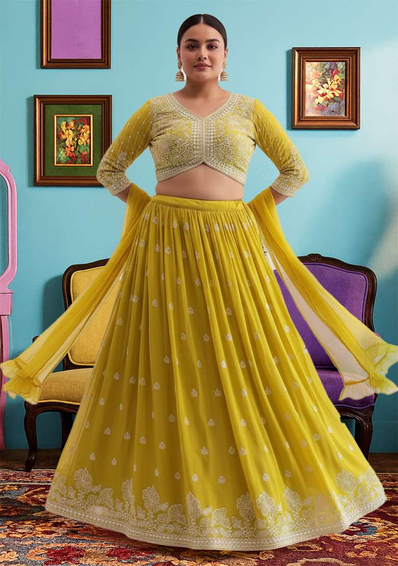 Yellow Embroidered Georgette Lehenga set - Indya
