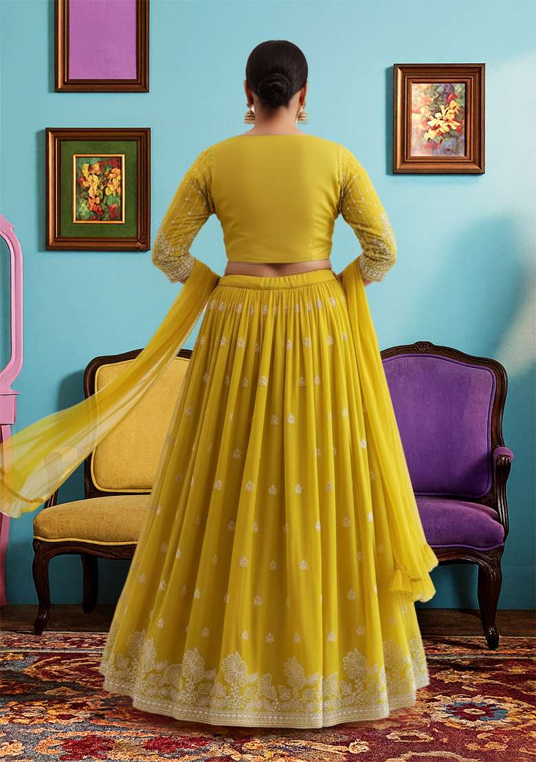 Yellow Embroidered Georgette Lehenga set - Indya