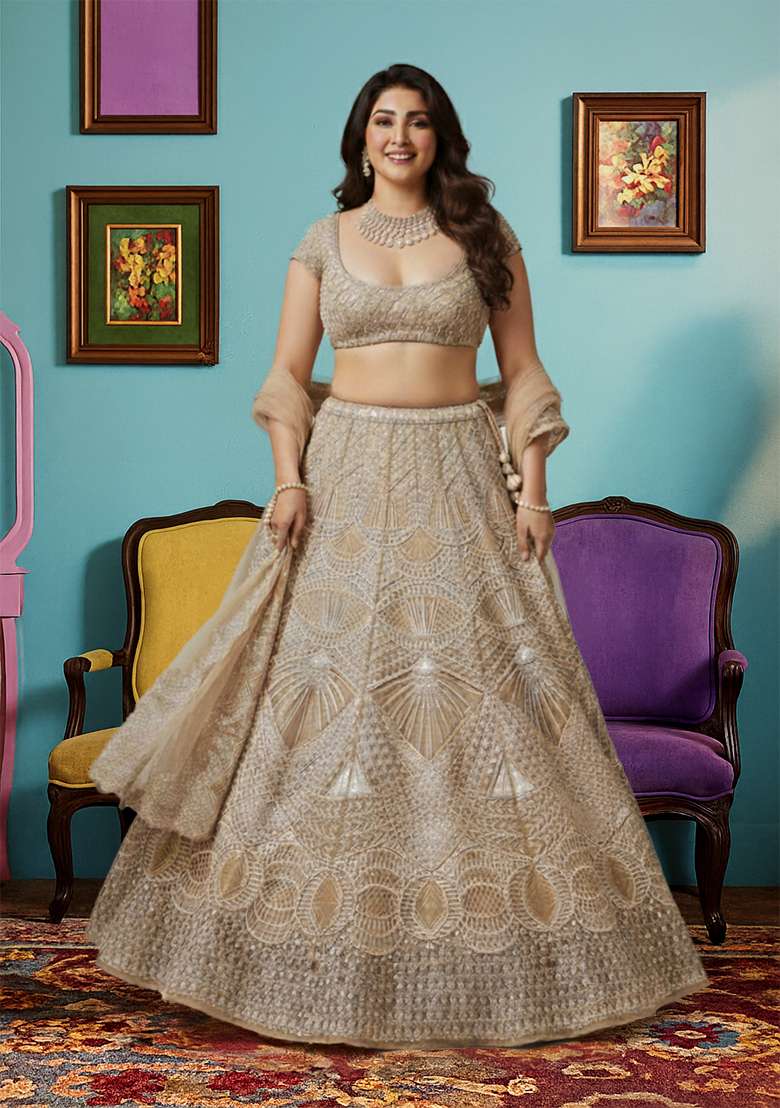 Beige Sequins Work Net Lehenga Choli - Indya