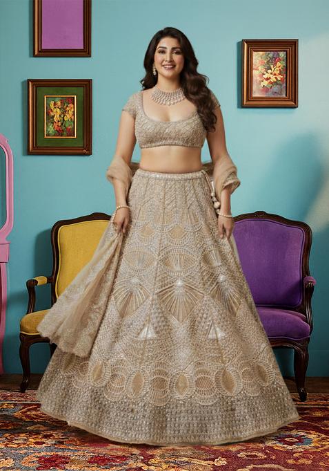 Beige Sequins Work Net Lehenga Choli