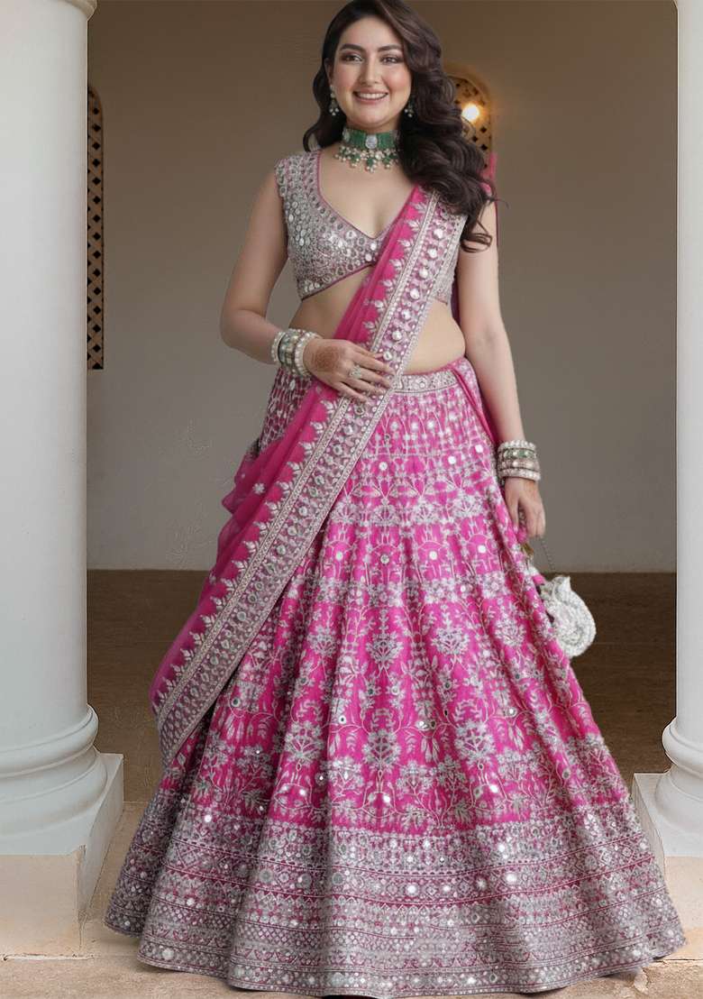 Pink Sequins Work Faux Georgette Lehenga Choli - Indya