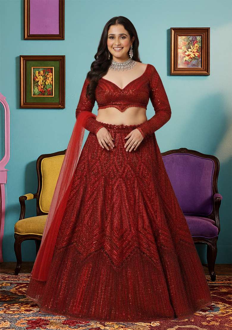 Red Sequins Work Faux Georgette Lehenga Choli - Indya