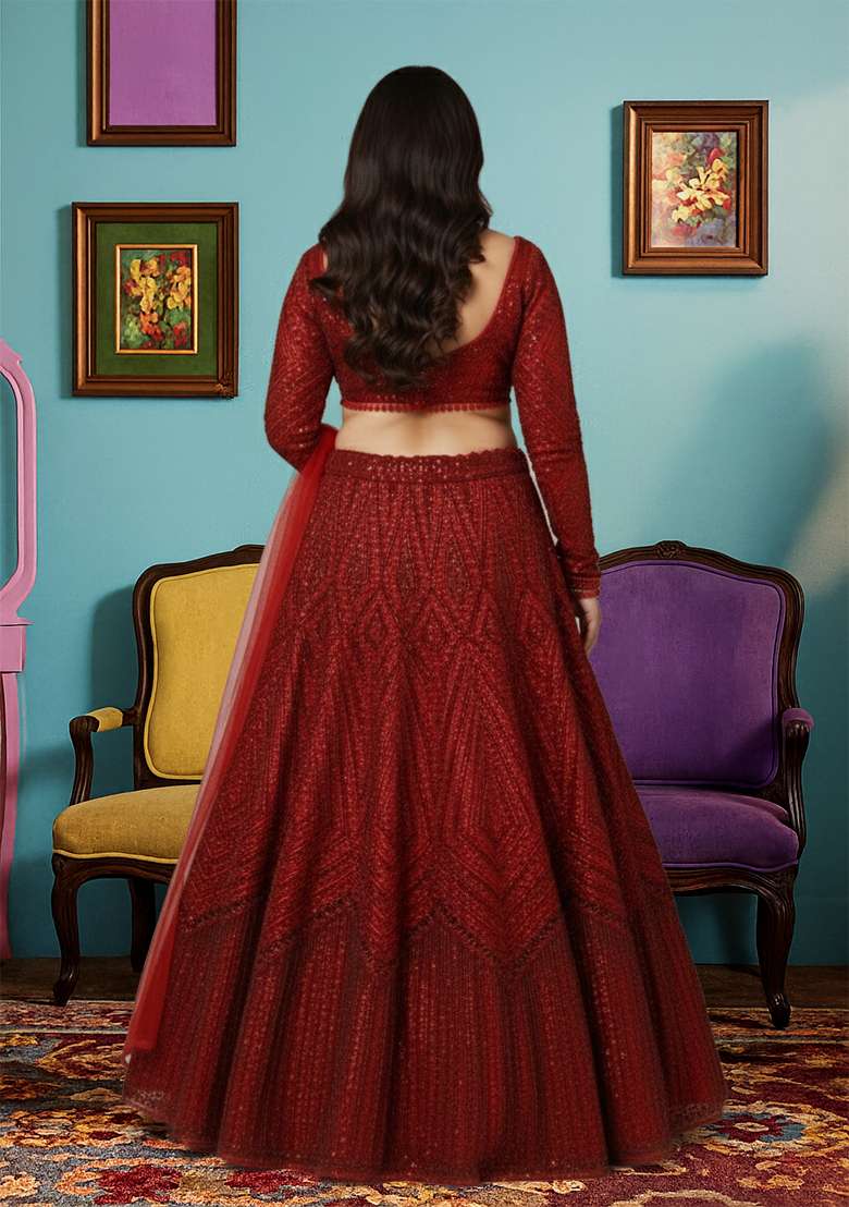 Red Sequins Work Faux Georgette Lehenga Choli - Indya