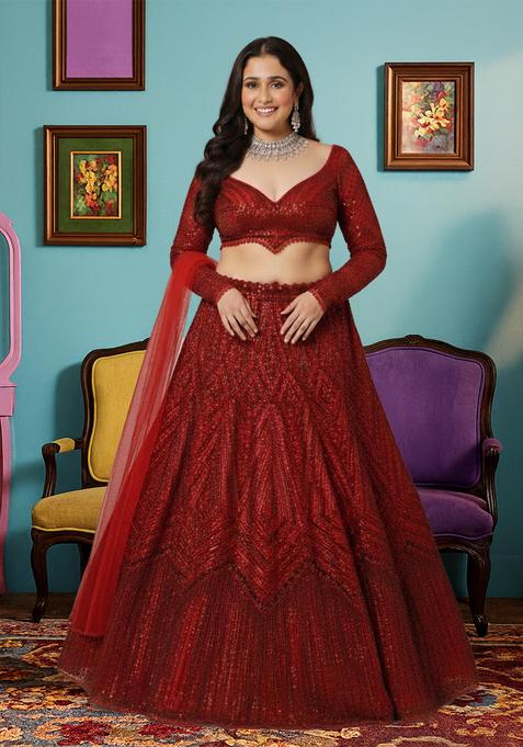 Red Sequins Work Faux Georgette Lehenga Choli
