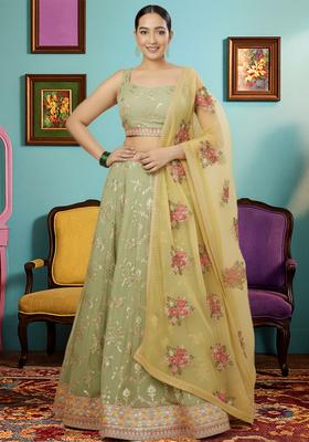 Green Embroidered Georgette Lehenga set
