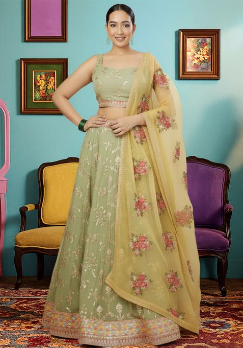Green Embroidered Georgette Lehenga set