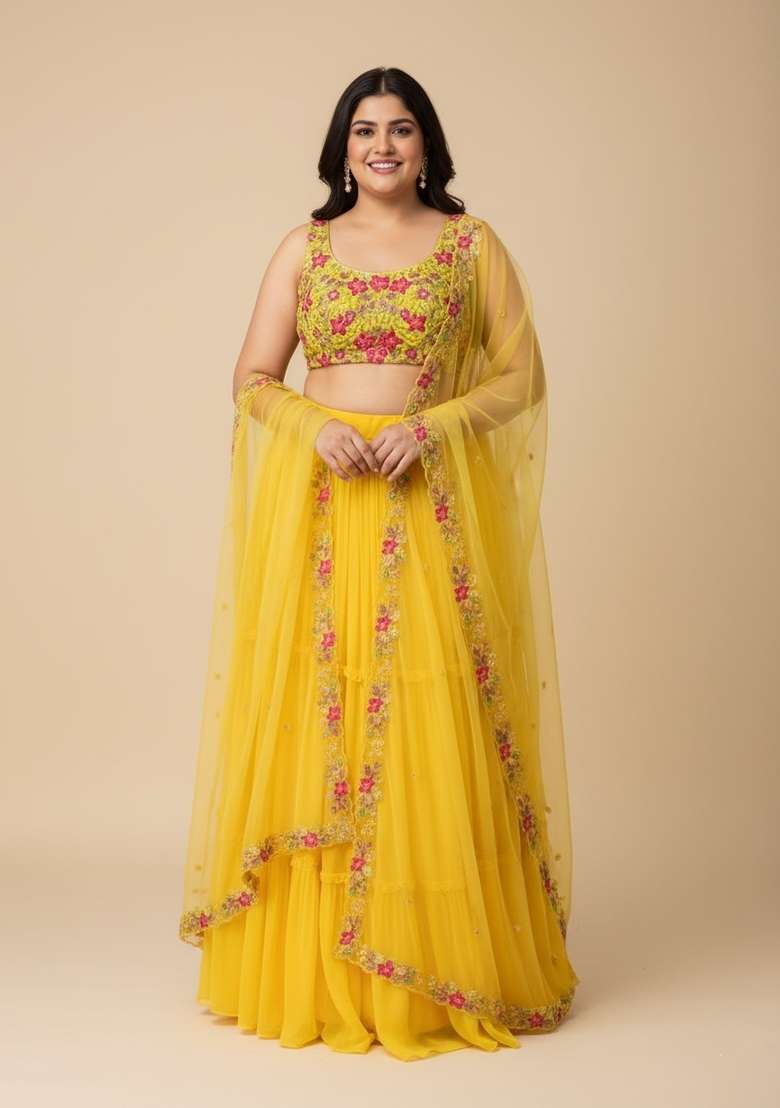 Yellow Embroidered Blended Lehenga Set - Indya