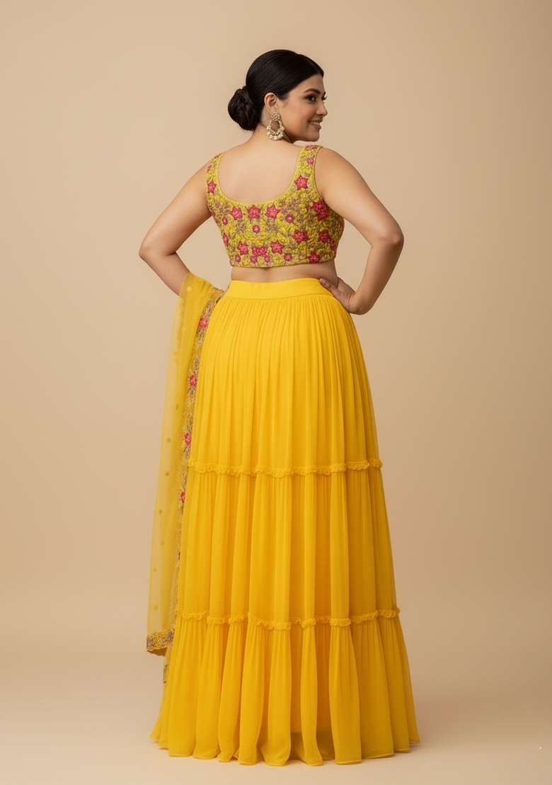 Yellow Embroidered Blended Lehenga Set - Indya