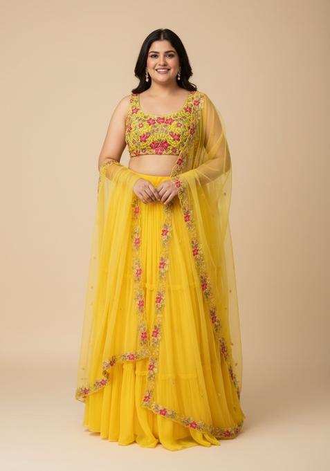 Yellow Embroidered Blended Lehenga Set