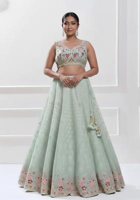 Sky Blue Thread Embroidery Crepe Lehenga set