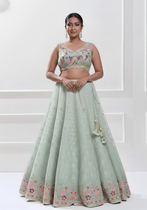 Sky Blue Thread Embroidery Crepe Lehenga set