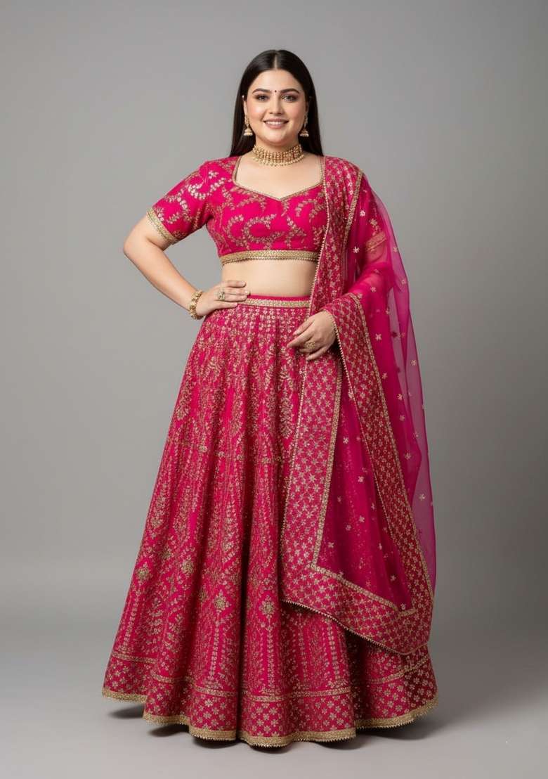 Rani Pink Embroidered Satin Lehenga Set - Indya