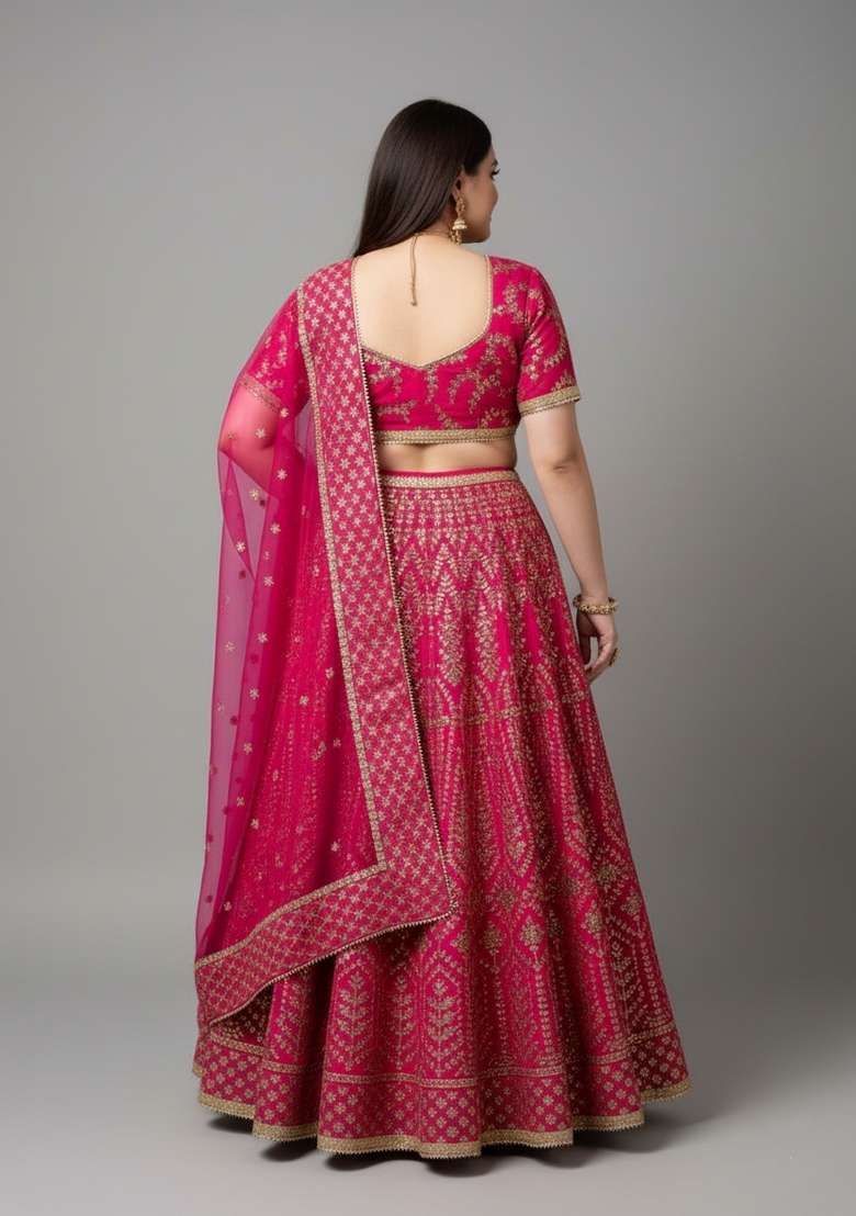 Rani Pink Embroidered Satin Lehenga Set - Indya