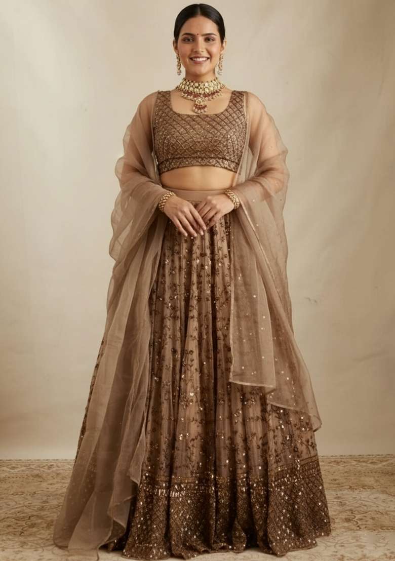 Brown Embroidered Crepe Lehenga Set - Indya