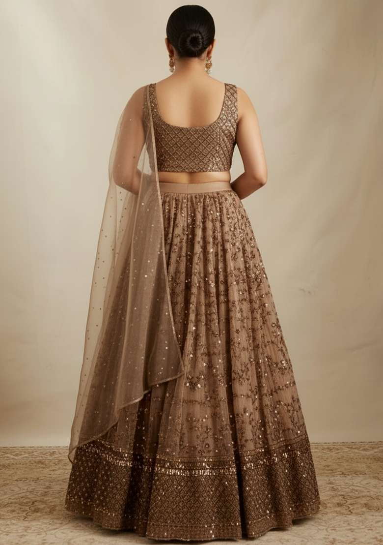 Brown Embroidered Crepe Lehenga Set - Indya
