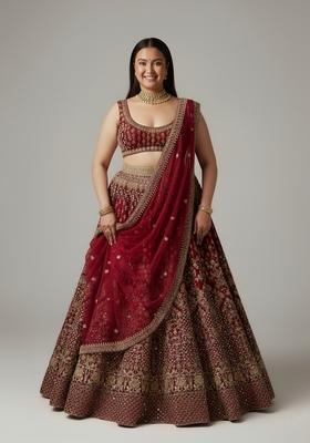 Red Embroidered Silk Lehenga Set
