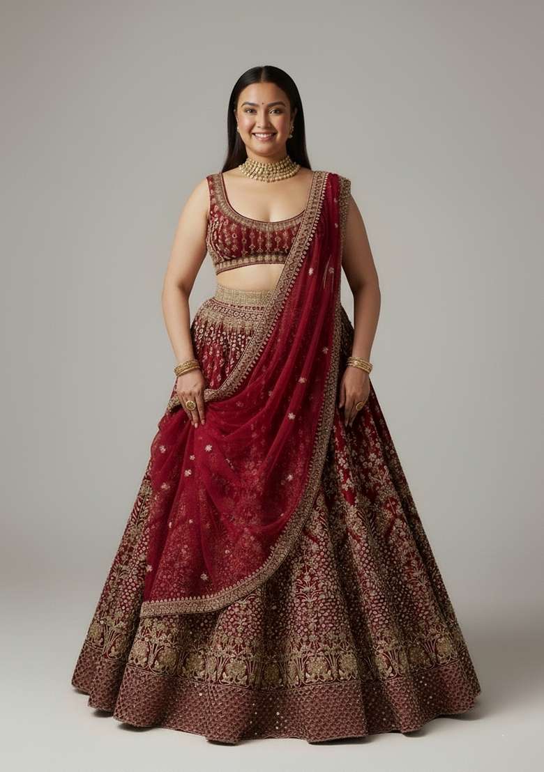 Red Embroidered Silk Blend Lehenga Set - Indya