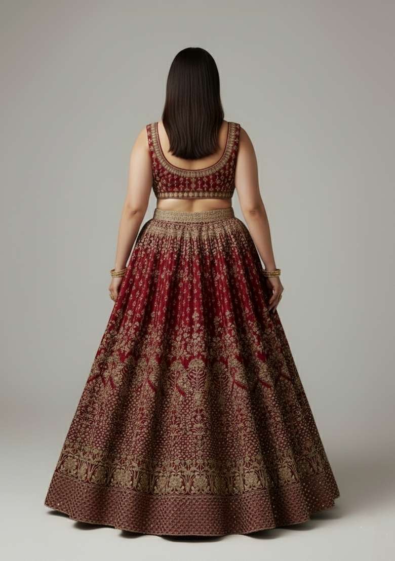 Red Embroidered Silk Blend Lehenga Set - Indya