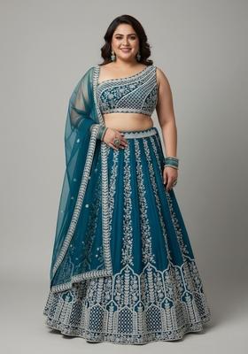 Blue Embroidered Chinon Lehenga Set