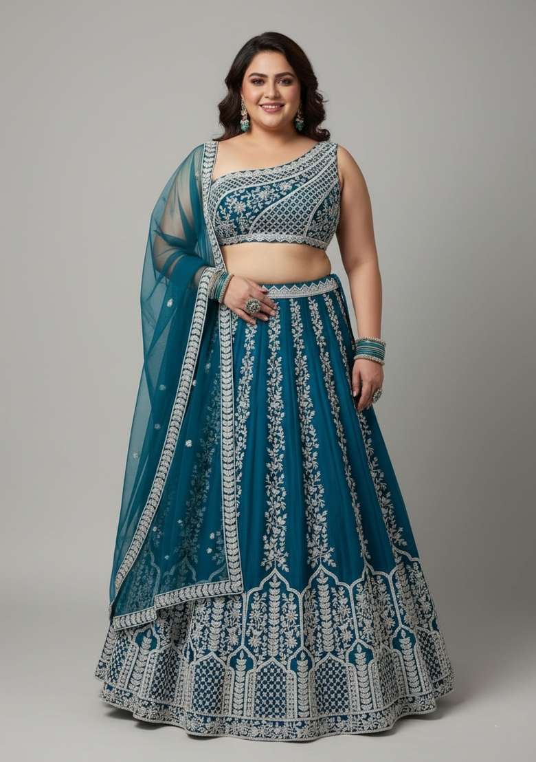 Blue Embroidered Chinon Lehenga Set - Indya