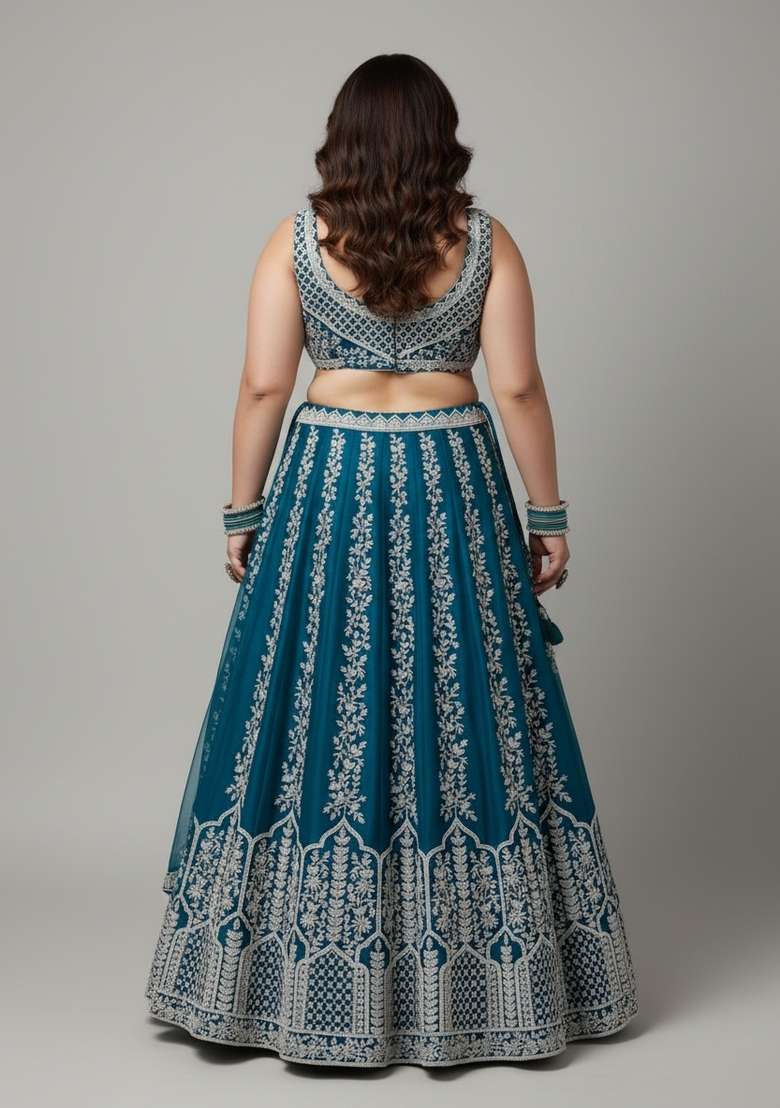 Blue Embroidered Chinon Lehenga Set - Indya