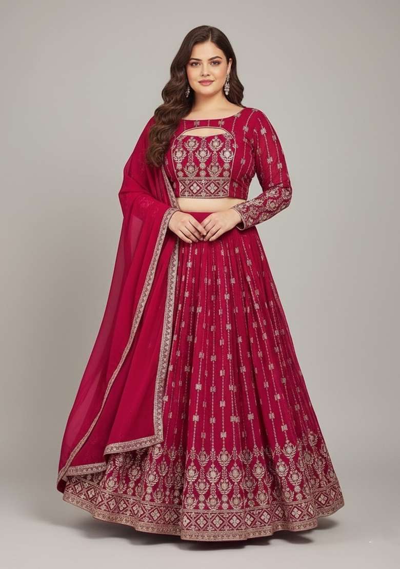 Multi Color Embroidered Georgette Lehenga Set - Indya