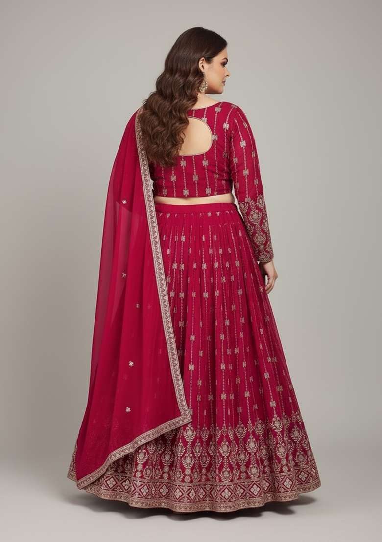 Multi Color Embroidered Georgette Lehenga Set - Indya
