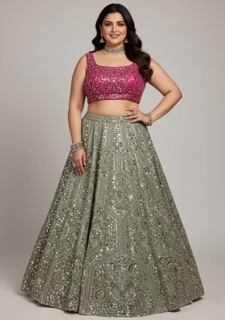Multi Color Embroidered Georgette Lehenga Set - Indya
