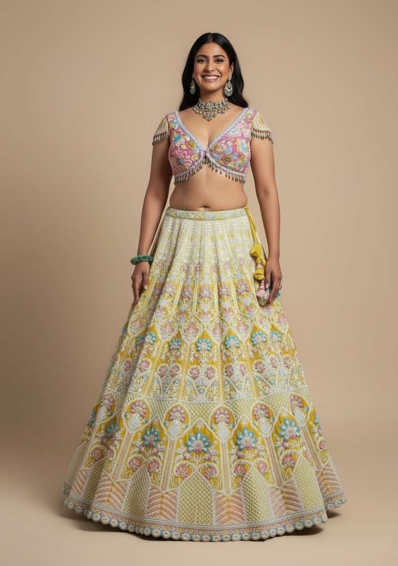 Multi Color Embroidered Silk Blend Lehenga Set - Indya