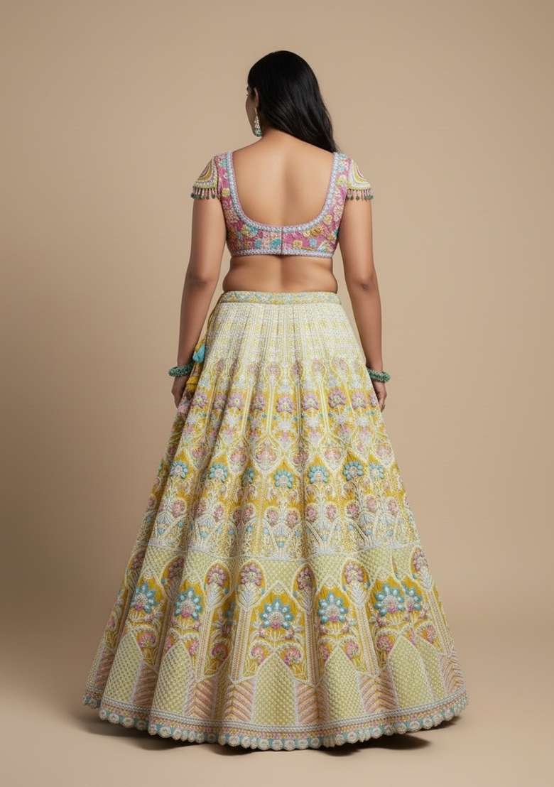 Multi Color Embroidered Silk Blend Lehenga Set - Indya