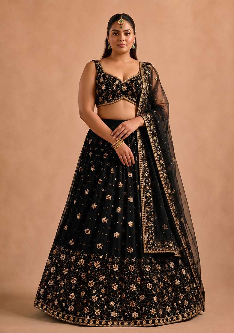 Multi Color Embroidered Georgette Lehenga Set - Indya