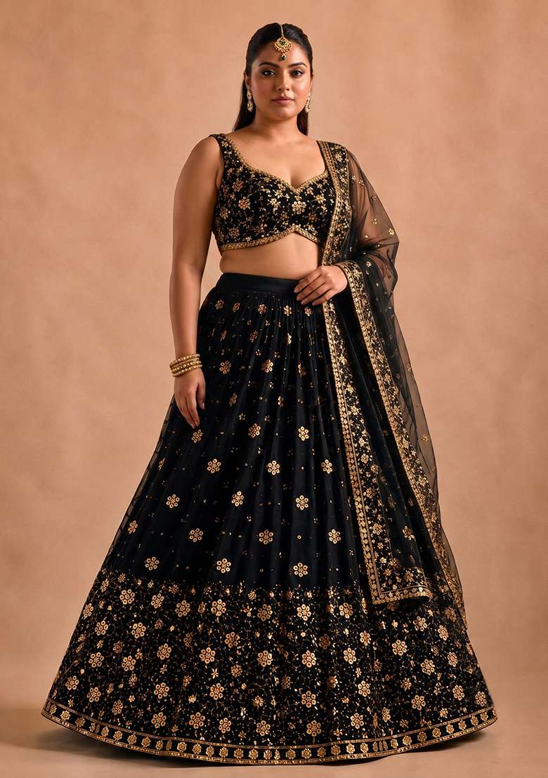 Multi Color Embroidered Georgette Lehenga Set - Indya