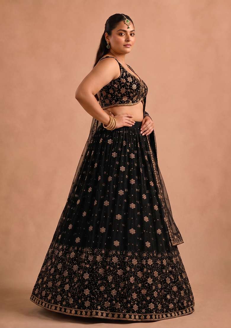Multi Color Embroidered Georgette Lehenga Set - Indya