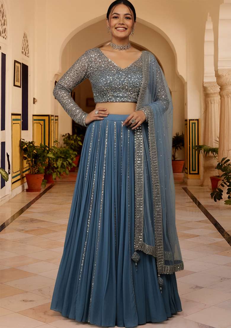 Blue sequin Work Georgette Lehenga set - Indya