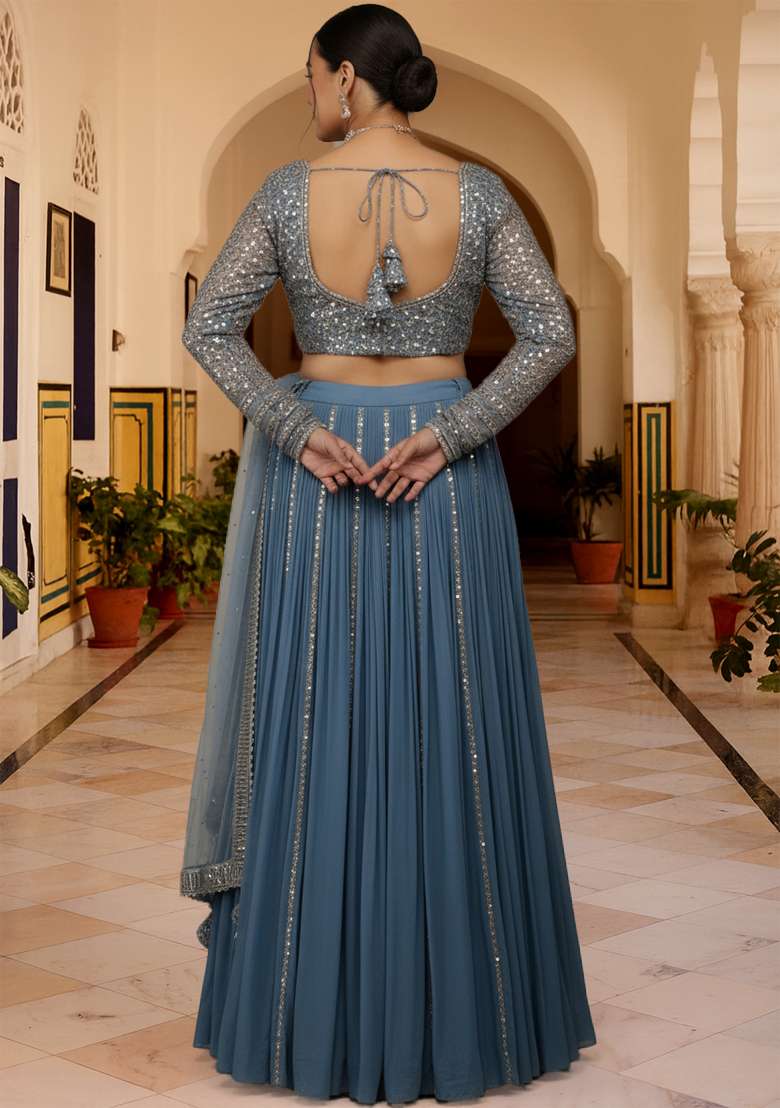 Blue sequin Work Georgette Lehenga set - Indya