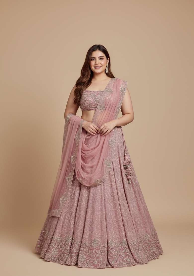 Multi Color Embroidered Silk Blend Lehenga Set - Indya