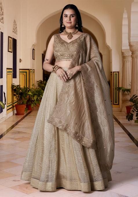 Beige Embroidered Poly Blended Lehenga set