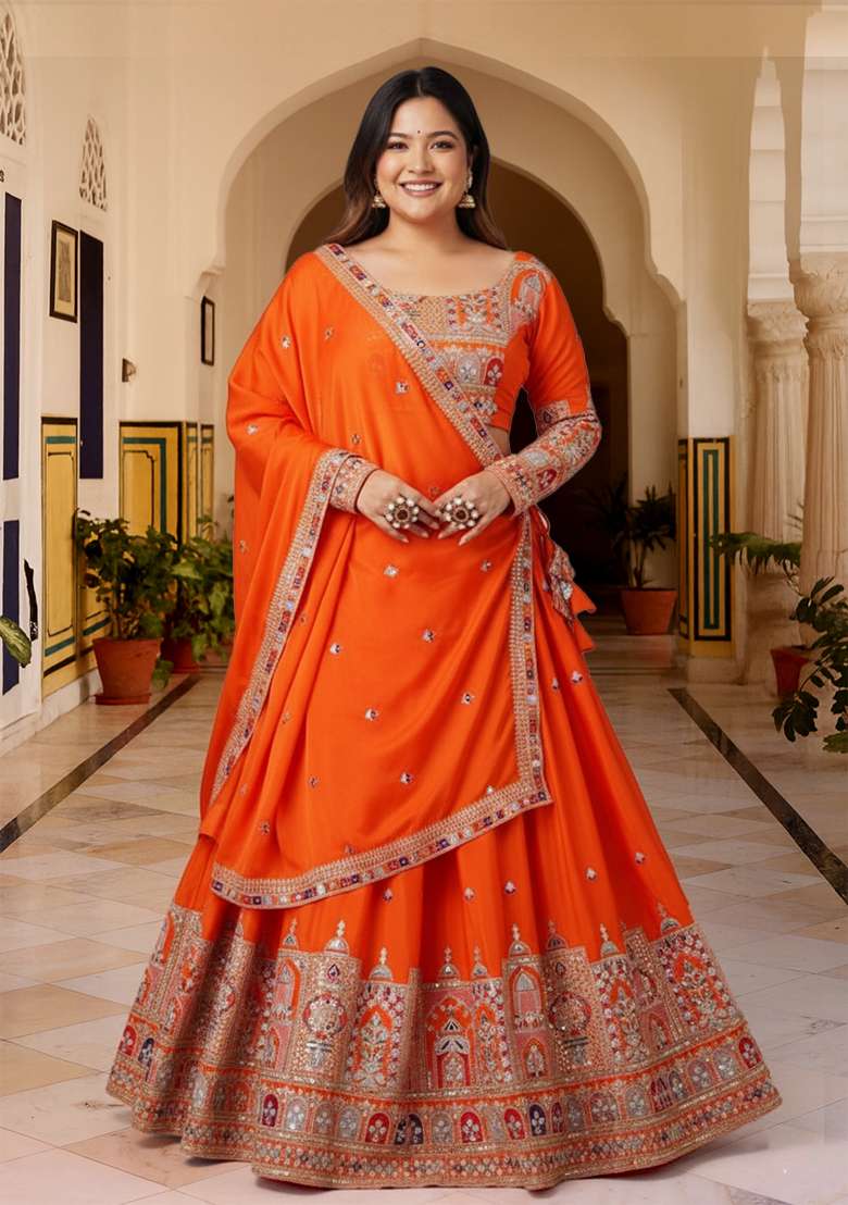 Orange Embroidered Silk Blend Lehenga set - Indya