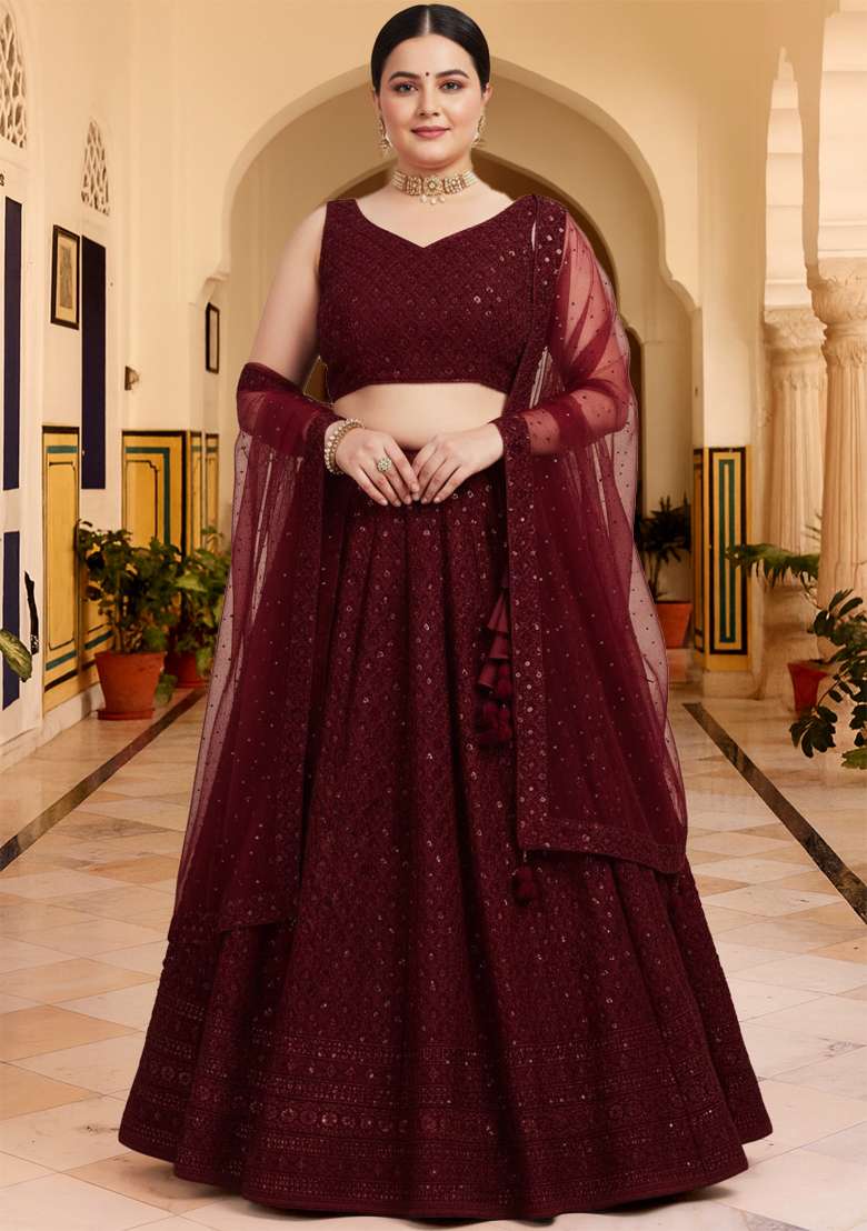 Maroon Embroidered Georgette Lehenga set - Indya