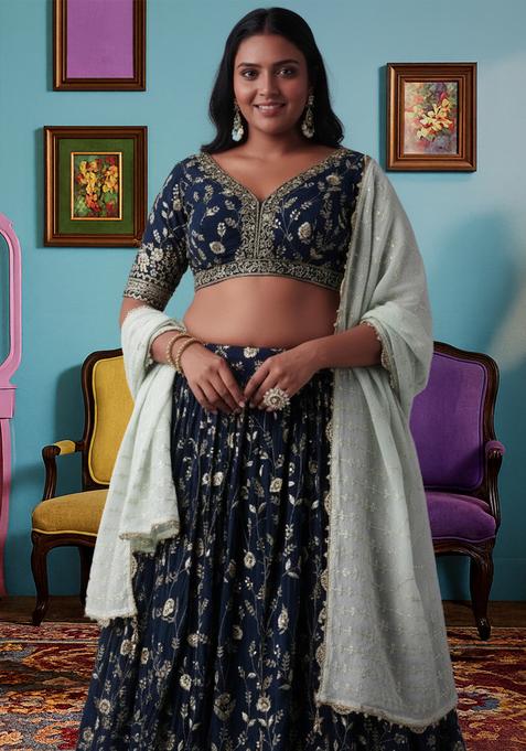 Blue Embroidered Georgette Lehenga set