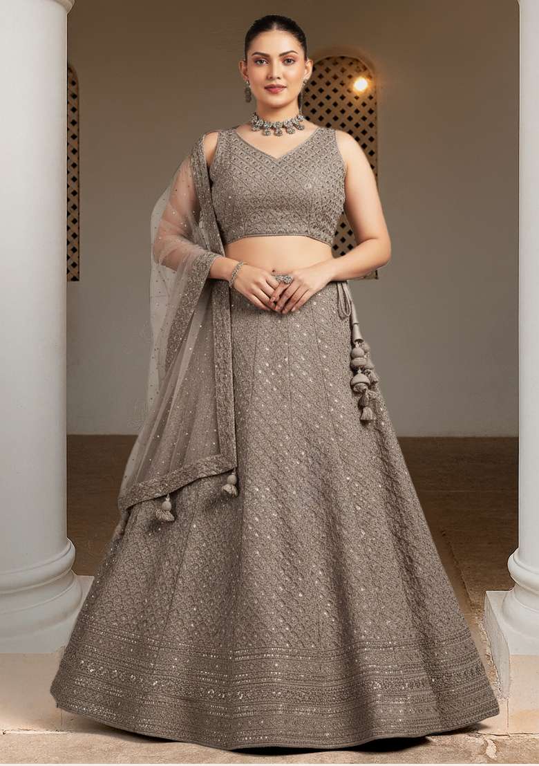 Grey Embroidered Georgette Lehenga set - Indya