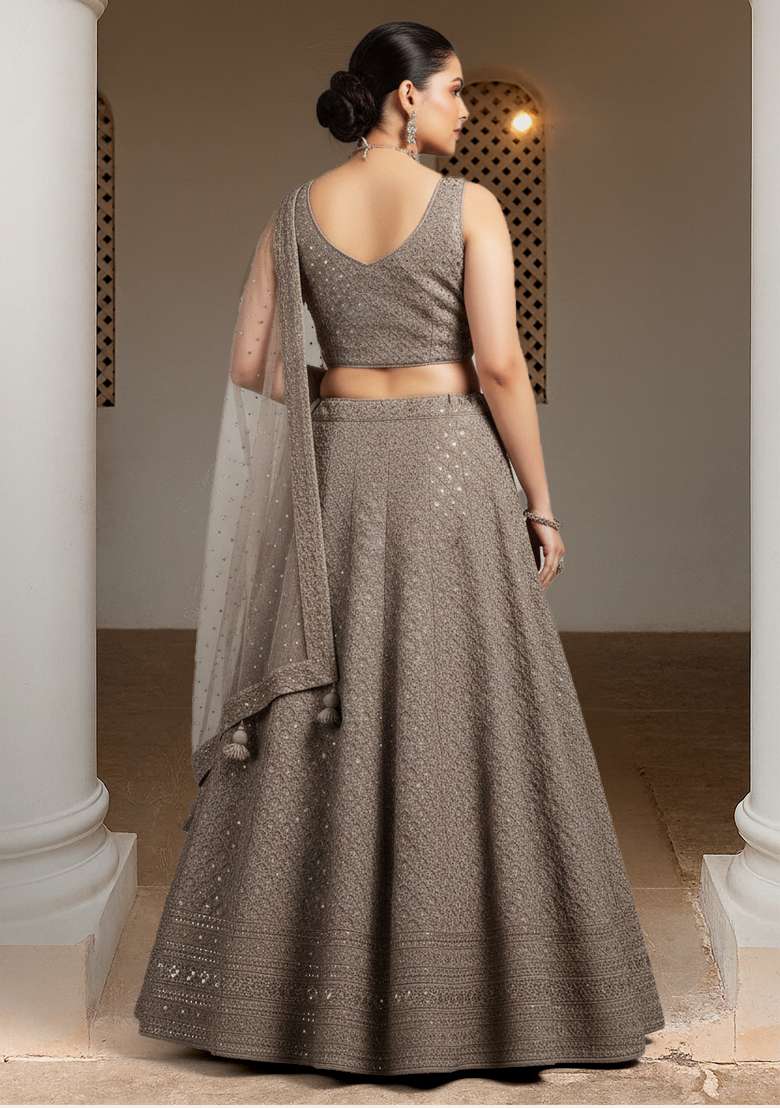Grey Embroidered Georgette Lehenga set - Indya