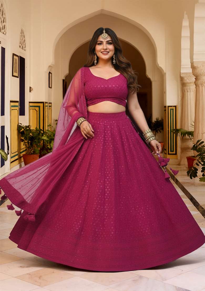 Pink Embroidered Georgette Lehenga set - Indya