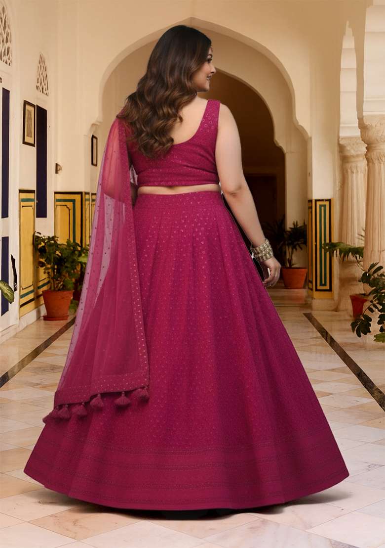 Pink Embroidered Georgette Lehenga set - Indya