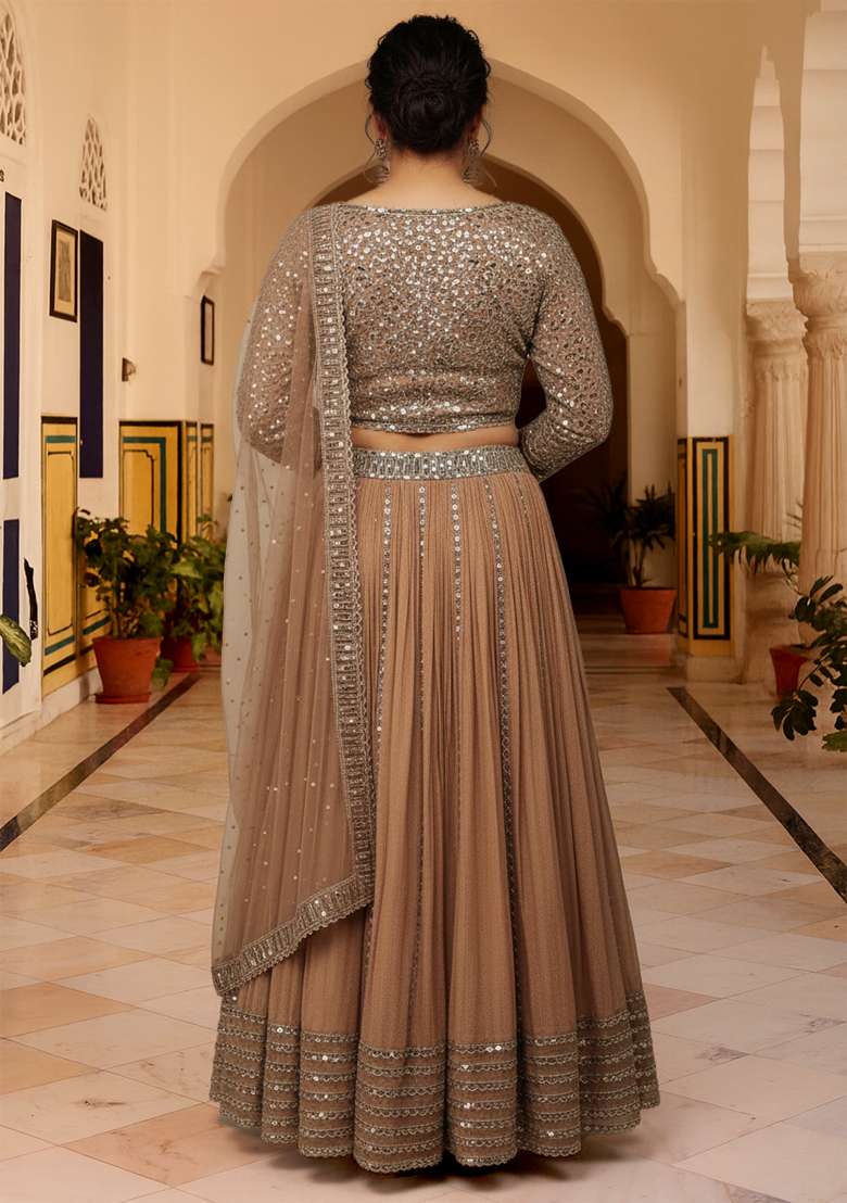 Beige Embroidered Georgette Lehenga set - Indya